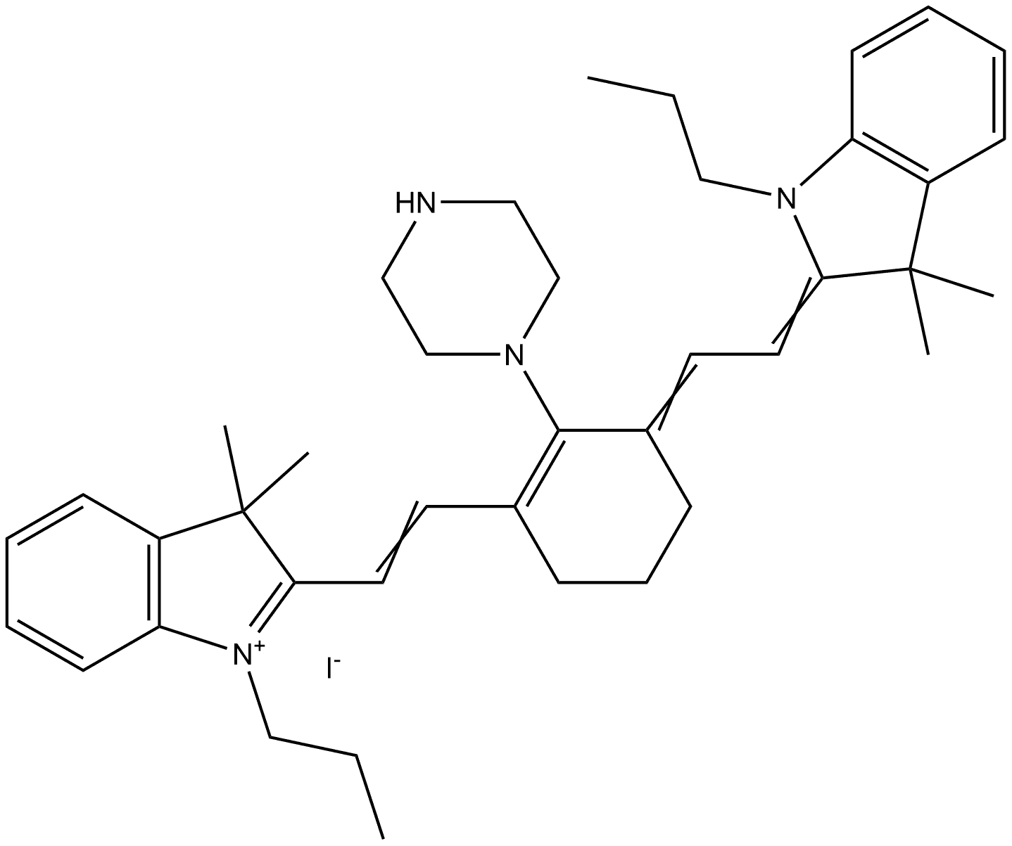 2-[2-[3-[2-(1,3-Dihydro-3,3-dimethyl-1-propyl-2H-indol-2-ylidene)ethylidene]-2-(1-piperazinyl)-1-cyclohexen-1-yl]ethenyl]-3,3-dimethyl-1-propyl-3H-indolium iodide (1:1) 结构式