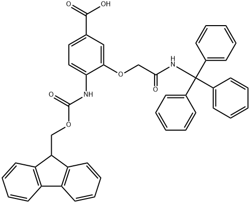 Benzoic acid, 4-[[(9H-fluoren-9-ylmethoxy)carbonyl]amino]-3-[2-oxo-2-[(triphenylmethyl)amino]ethoxy]- Structure