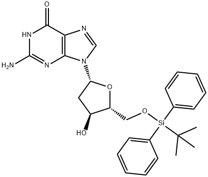 2-Amino-9-((2R,4S,5R)-5-(((tert-butyldiphenylsilyl)oxy)methyl)-4-hydroxytetrahydrofuran-2-yl)-1H-purin-6(9H)-one 化学構造式