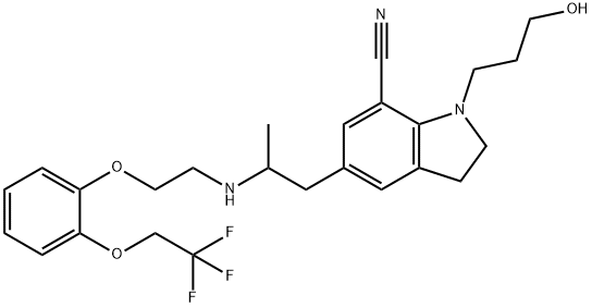 1H-Indole-7-carbonitrile, 2,3-dihydro-1-(3-hydroxypropyl)-5-[2-[[2-[2-(2,2,2-trifluoroethoxy)phenoxy]ethyl]amino]propyl]-,1492922-76-5,结构式