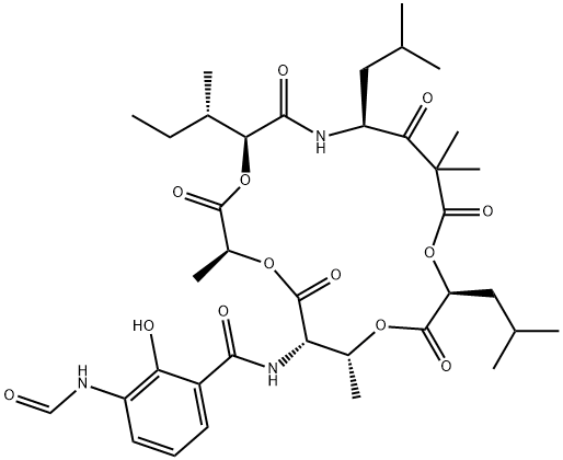 Benzamide, 3-(formylamino)-2-hydroxy-N-[(2S,5S,8S,13S,16R,17S)-2,10,10,16-tetramethyl-5-[(1S)-1-methylpropyl]-8,13-bis(2-methylpropyl)-3,6,9,11,14,18-hexaoxo-1,4,12,15-tetraoxa-7-azacyclooctadec-17-yl]-,149598-67-4,结构式
