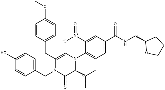 4-[(2R)-3,4-Dihydro-4-[(4-hydroxyphenyl)methyl]-5-[(4-methoxyphenyl)methyl]-2-(1-methylethyl)-3-oxo-1(2H)-pyrazinyl]-3-nitro-N-[[(2S)-tetrahydro-2-furanyl]methyl]benzamide,1497415-41-4,结构式