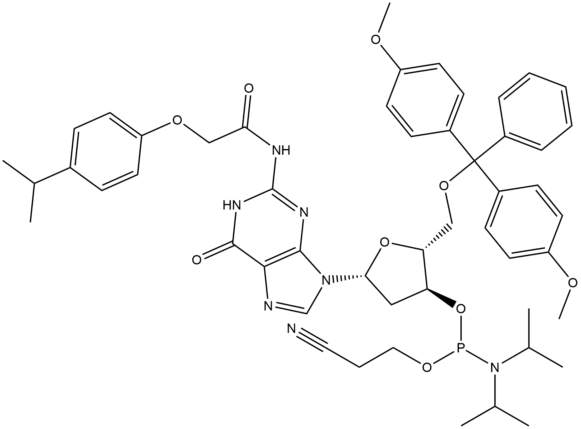Guanosine, 5'-O-[bis(4-methoxyphenyl)phenylmethyl]-2'-deoxy-N-[[4-(1-methylethyl)phenoxy]acetyl]-, 3'-[2-cyanoethyl bis(1-methylethyl)phosphoramidite] 结构式