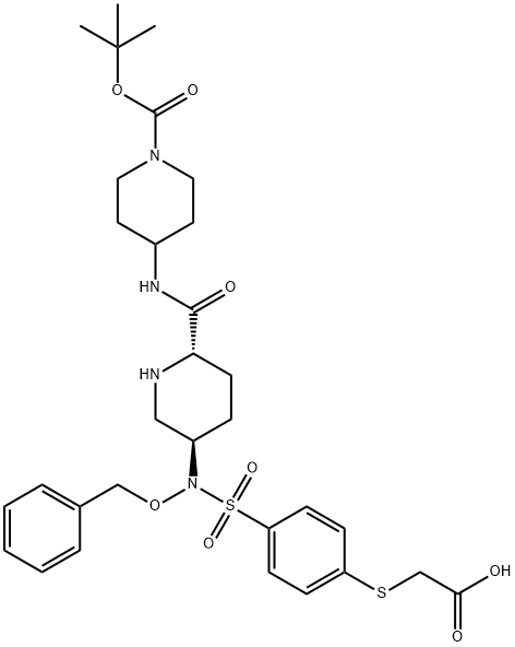 1-Piperidinecarboxylic acid, 4-[[[(2S,5R)-5-[[[4-[(carboxymethyl)thio]phenyl]sulfonyl](phenylmethoxy)amino]-2-piperidinyl]carbonyl]amino]-, 1-(1,1-dimethylethyl) ester 化学構造式