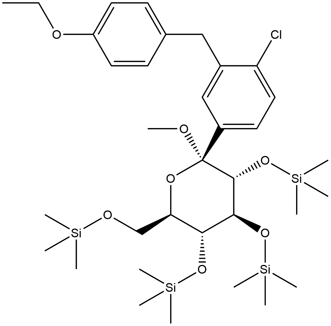 α-D-Glucopyranoside, methyl 1-C-[4-chloro-3-[(4-ethoxyphenyl)methyl]phenyl]-2,3,4,6-tetrakis-O-(trimethylsilyl)- Struktur