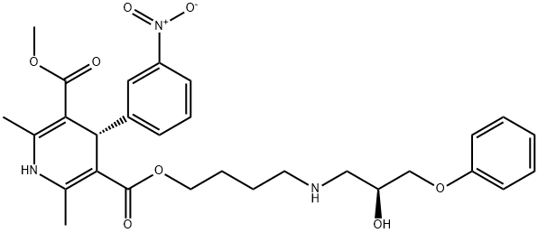 (4S)-4-(3-ニトロフェニル)-2,6-ジメチル-1,4-ジヒドロ-3,5-ピリジンジカルボン酸3-[4-[[(2S)-2-ヒドロキシ-3-フェノキシプロピル]アミノ]ブチル]5-メチル 化学構造式