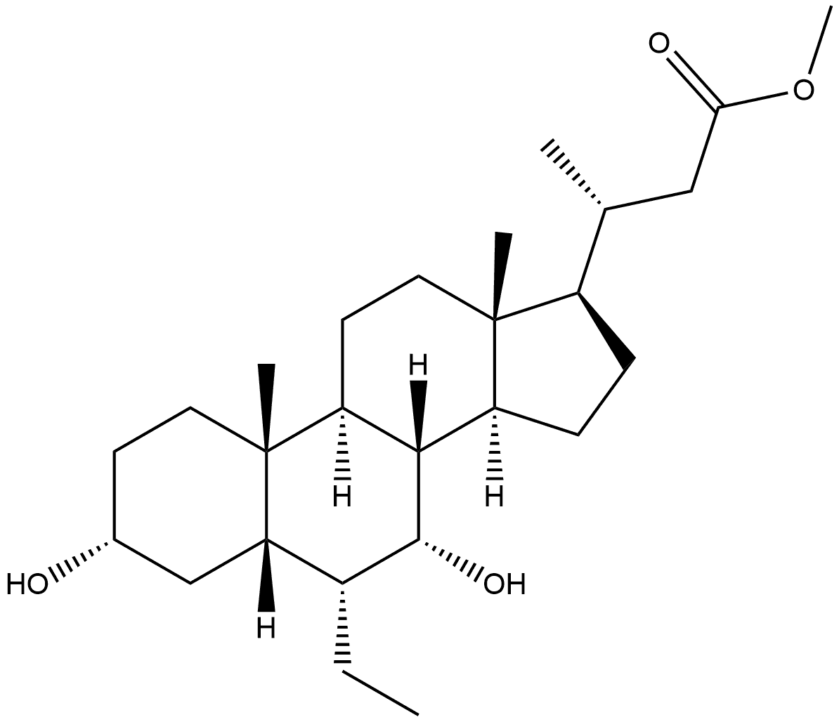 24-Norcholan-23-oic acid, 6-ethyl-3,7-dihydroxy-, methyl ester, (3α,5β,6α,7α)- 化学構造式