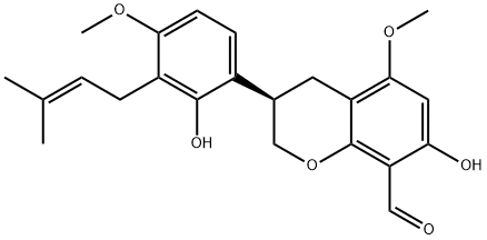 2H-1-Benzopyran-8-carboxaldehyde, 3,4-dihydro-7-hydroxy-3-[2-hydroxy-4-methoxy-3-(3-methyl-2-buten-1-yl)phenyl]-5-methoxy-, (3R)- 结构式