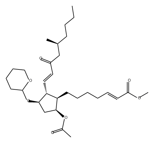 2-Heptenoic acid, 7-[(1R,2R,3R,5S)-5-(acetyloxy)-2-[(1E,5S)-5-methyl-3-oxo-1-nonen-1-yl]-3-[(tetrahydro-2H-pyran-2-yl)oxy]cyclopentyl]-, methyl ester, (2E)- 化学構造式