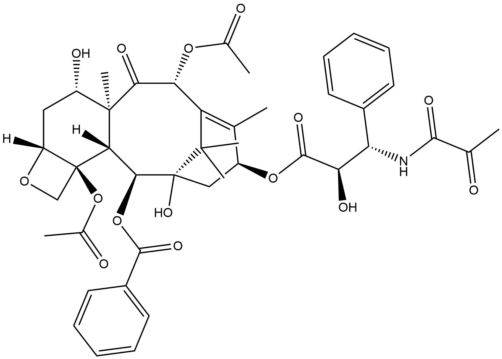 Benzenepropanoic acid, β-[(1,2-dioxopropyl)amino]-α-hydroxy-, (2aR,4S,4aS,6R,9S,11S,12S,12aR,12bS)-6,12b-bis(acetyloxy)-12-(benzoyloxy)-2a,3,4,4a,5,6,9,10,11,12,12a,12b-dodecahydro-4,11-dihydroxy-4a,8,13,13-tetramethyl-5-oxo-7,11-methano-1H-cyclodeca[3,4]benz[1,2-b]oxet-9-yl ester, (αR,βS)- Struktur