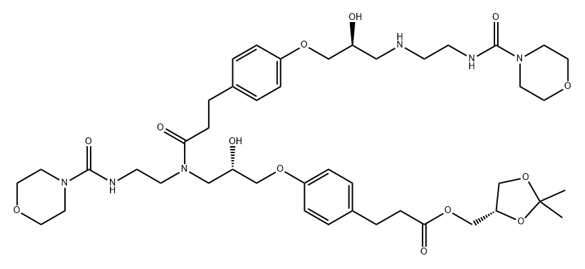 Benzenepropanoic acid, 4-[(2S)-2-hydroxy-3-[[3-[4-[(2S)-2-hydroxy-3-[[2-[(4-morpholinylcarbonyl)amino]ethyl]amino]propoxy]phenyl]-1-oxopropyl][2-[(4-morpholinylcarbonyl)amino]ethyl]amino]propoxy]-, [(4S)-2,2-dimethyl-1,3-dioxolan-4-yl]methyl ester Struktur