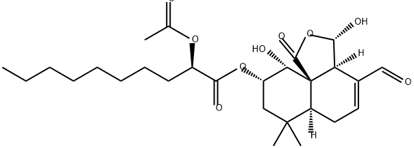 Decanoic acid, 2-(acetyloxy)-, (3S,3aS,6aS,9S,10R,10aR)-4-formyl-3,3a,6,6a,7,8,9,10-octahydro-3,10-dihydroxy-7,7-dimethyl-1-oxo-1H-naphtho[1,8a-c]furan-9-yl ester, (2R)- Struktur