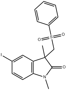 5-碘-1,3-二甲基-3-((苯磺酰基)甲基)吲哚啉-2-酮, 1588429-77-9, 结构式
