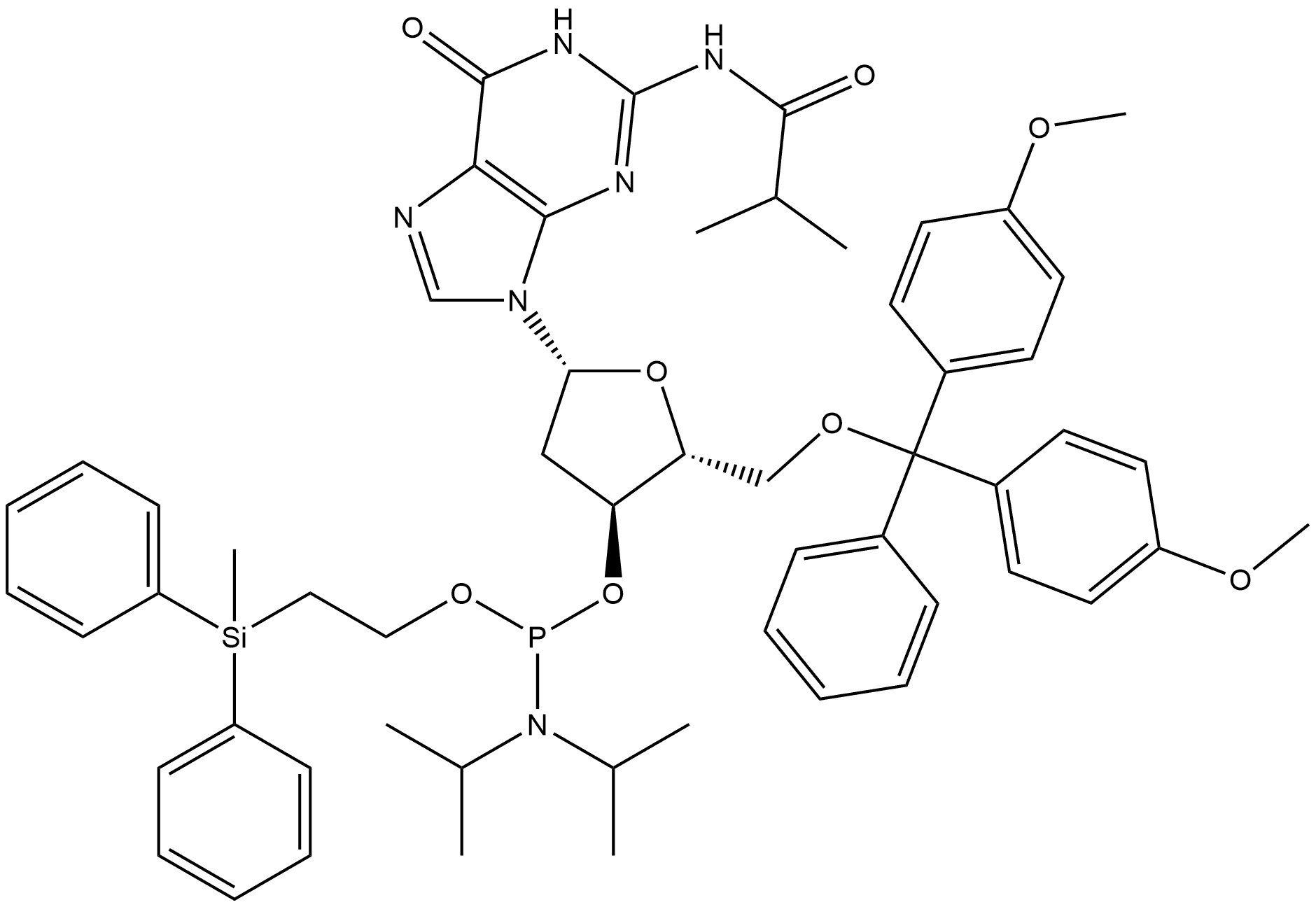 Guanosine, 5′-O-[bis(4-methoxyphenyl)phenylmethyl]-2′-deoxy-N-(2-methyl-1-oxopropyl)-, 3′-[2-(methyldiphenylsilyl)ethyl bis(1-methylethyl)phosphoramidite],158852-10-9,结构式
