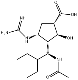 Cyclopentanecarboxylic acid, 3-[(1S)-1-(acetylamino)-2-ethylbutyl]-4-[(aminoiminomethyl)amino]-2-hydroxy-, (1S,2S,3S,4R)- Struktur