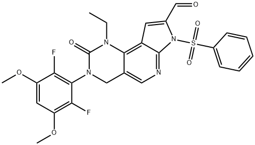 1H-Pyrrolo[3',2':5,6]pyrido[4,3-d]pyrimidine-8-carboxaldehyde, 3-(2,6-difluoro-3,5-dimethoxyphenyl)-1-ethyl-2,3,4,7-tetrahydro-2-oxo-7-(phenylsulfonyl)-,1593816-94-4,结构式