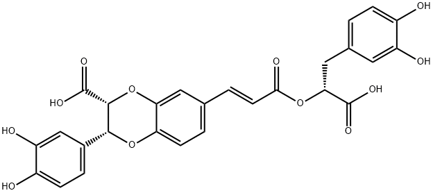 1,4-Benzodioxin-2-carboxylic acid, 7-[(1E)-3-[(1R)-1-carboxy-2-(3,4-dihydroxyphenyl)ethoxy]-3-oxo-1-propen-1-yl]-3-(3,4-dihydroxyphenyl)-2,3-dihydro-, (2R,3R)- Struktur