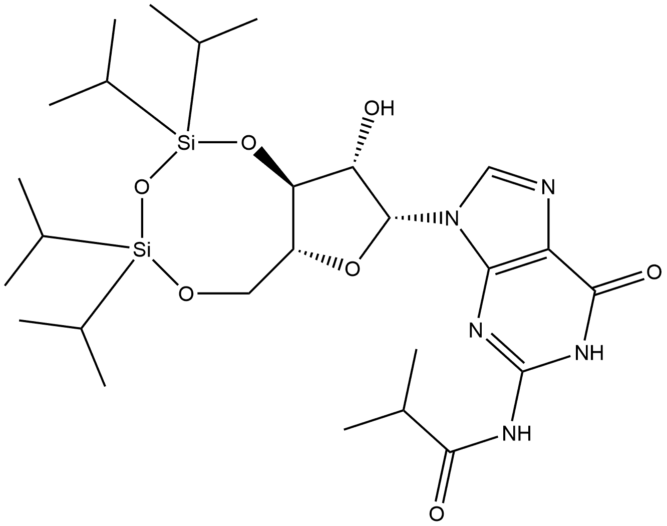 Propanamide, N-[6,9-dihydro-6-oxo-9-[3,5-O-[1,1,3,3-tetrakis(1-methylethyl)-1,3-disiloxanediyl]-β-D-arabinofuranosyl]-1H-purin-2-yl]-2-methyl- Structure