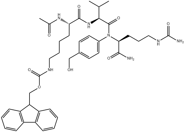 L-Ornithinamide, N2-acetyl-N6-[(9H-fluoren-9-ylmethoxy)carbonyl]-L-lysyl-L-valyl-N5-(aminocarbonyl)-N-[4-(hydroxymethyl)phenyl]-,1609108-48-6,结构式