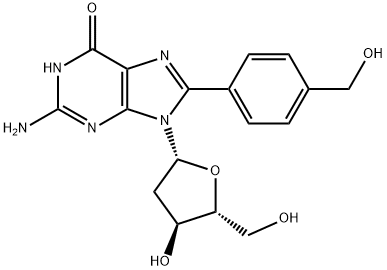 2-Amino-9-((2R,4S,5R)-4-hydroxy-5-(hydroxymethyl)tetrahydrofuran-2-yl)-8-(4-(hydroxymethyl)phenyl)-1H-purin-6(9H)-one Struktur