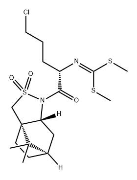 Carbonimidodithioic acid, N-[(1S)-4-chloro-1-[[(3aS,6R,7aR)-tetrahydro-8,8-dimethyl-2,2-dioxido-3H-3a,6-methano-2,1-benzisothiazol-1(4H)-yl]carbonyl]butyl]-, dimethyl ester Structure