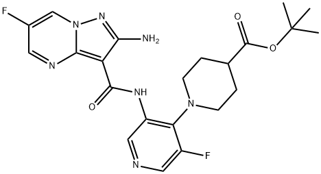 4-Piperidinecarboxylic acid, 1-[3-[[(2-amino-6-fluoropyrazolo[1,5-a]pyrimidin-3-yl)carbonyl]amino]-5-fluoro-4-pyridinyl]-, 1,1-dimethylethyl ester Structure