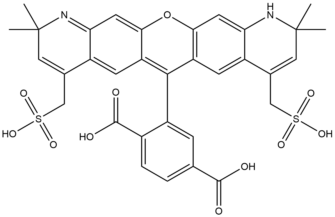 2-[1,10-Dihydro-2,2,10,10-tetramethyl-4,8-bis(sulfomethyl)-2H-pyrano[3,2-g:5,6-g′]diquinolin-6-yl]-1,4-benzenedicarboxylic acid Struktur