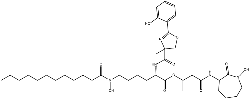 Lysine, N2-[[4,5-dihydro-2-(2-hydroxyphenyl)-4-methyl-4-oxazolyl]carbonyl]-N6-hydroxy-N6-(1-oxododecyl)-, 3-[(hexahydro-1-hydroxy-2-oxo-1H-azepin-3-yl)amino]-1-methyl-3-oxopropyl ester (9CI) 结构式