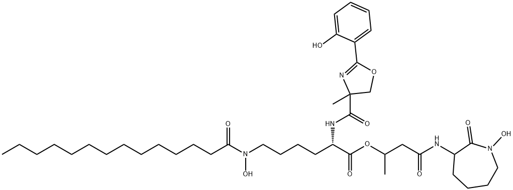 Lysine, N2-[[4,5-dihydro-2-(2-hydroxyphenyl)-4-methyl-4-oxazolyl]carbonyl]-N6-hydroxy-N6-(1-oxotetradecyl)-, 3-[(hexahydro-1-hydroxy-2-oxo-1H-azepin-3-yl)amino]-1-methyl-3-oxopropyl ester Struktur