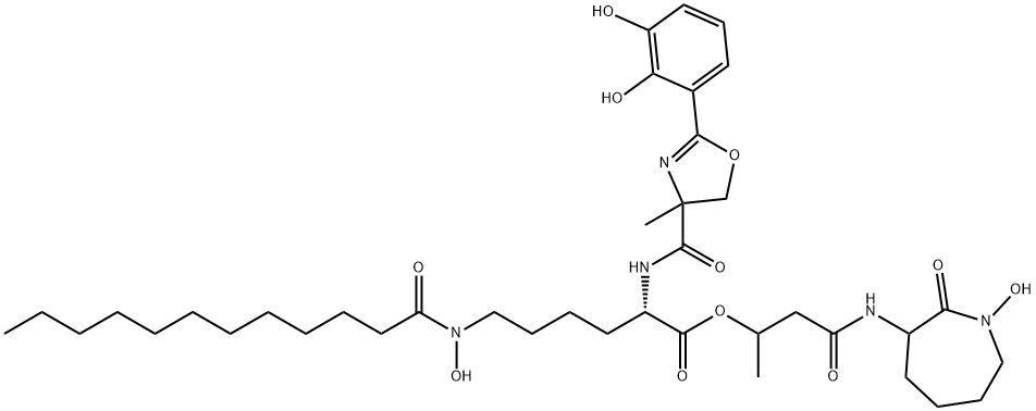 Lysine, N2-[[2-(2,3-dihydroxyphenyl)-4,5-dihydro-4-methyl-4-oxazolyl]carbonyl]-N6-hydroxy-N6-(1-oxododecyl)-, 3-[(hexahydro-1-hydroxy-2-oxo-1H-azepin-3-yl)amino]-1-methyl-3-oxopropyl ester (9CI)|