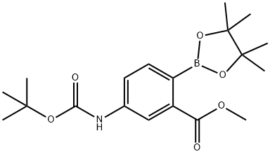 Methyl 5-((tert-butoxycarbonyl)amino)-2-(4,4,5,5-tetramethyl-1,3,2-dioxaborolan-- 2-yl)benzoate 化学構造式