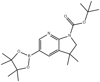1H-Pyrrolo[2,3-b]pyridine-1-carboxylic acid, 2,3-dihydro-3,3-dimethyl-5-(4,4,5,5-tetramethyl-1,3,2-dioxaborolan-2-yl)-, 1,1-dimethylethyl ester 化学構造式