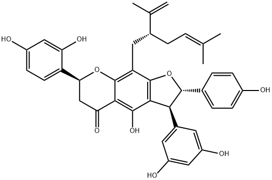 5H-Furo[3,2-g][1]benzopyran-5-one, 7-(2,4-dihydroxyphenyl)-3-(3,5-dihydroxyphenyl)-2,3,6,7-tetrahydro-4-hydroxy-2-(4-hydroxyphenyl)-9-[(2R)-5-methyl-2-(1-methylethenyl)-4-hexenyl]-, (2S,3S,7S)- Struktur