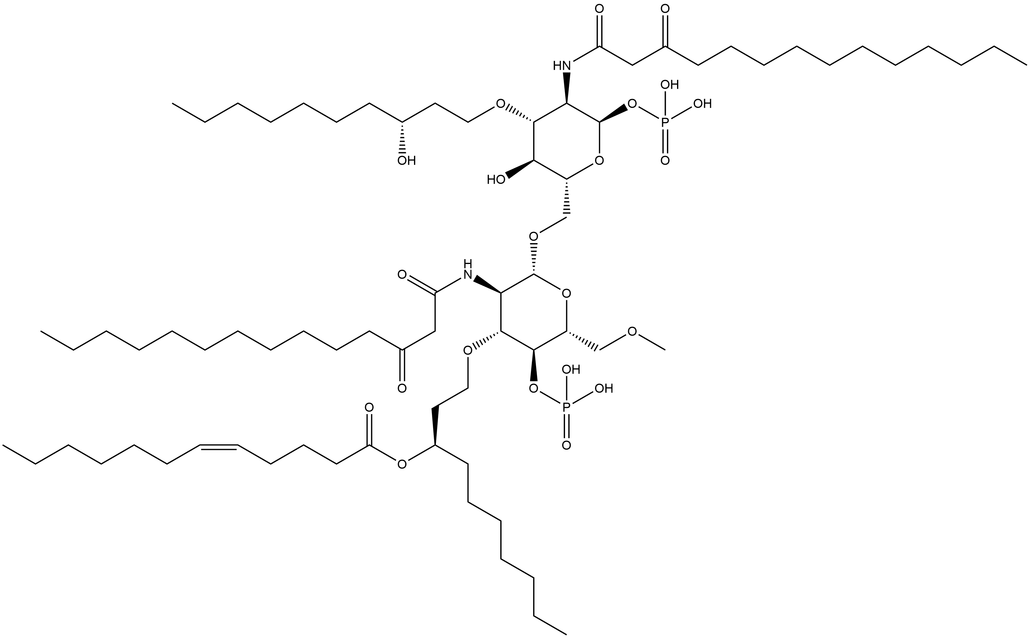 α-D-Glucopyranose, 2-deoxy-6-O-[2-deoxy-2-[(1,3-dioxotetradecyl)amino]-6-O-methyl-3-O-[(3R)-3-[[(5Z)-1-oxo-5-dodecen-1-yl]oxy]decyl]-4-O-phosphono-β-D-glucopyranosyl]-2-[(1,3-dioxotetradecyl)amino]-3-O-[(3R)-3-hydroxydecyl]-, 1-(dihydrogen phosphate) Structure