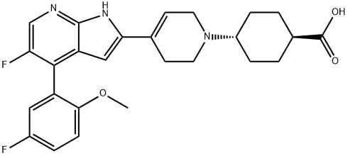Cyclohexanecarboxylic acid, 4-[4-[5-fluoro-4-(5-fluoro-2-methoxyphenyl)-1H-pyrrolo[2,3-b]pyridin-2-yl]-3,6-dihydro-1(2H)-pyridinyl]-, trans- Structure