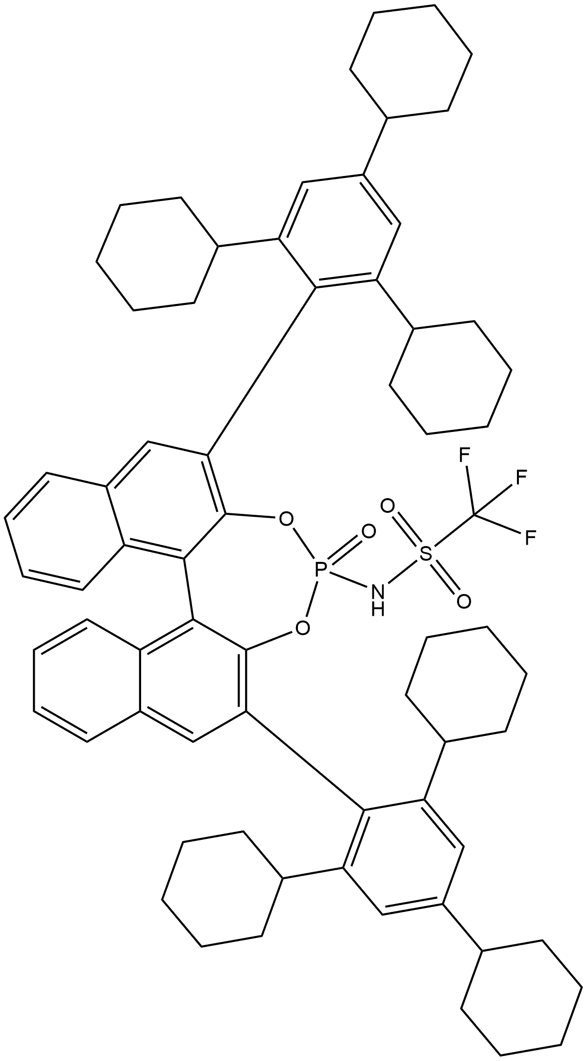 Methanesulfonamide, 1,1,1-trifluoro-N-[(11bS)-4-oxido-2,6-bis(2,4,6-tricyclohexylphenyl)dinaphtho[2,1-d:1',2'-f][1,3,2]dioxaphosphepin-4-yl]- Struktur