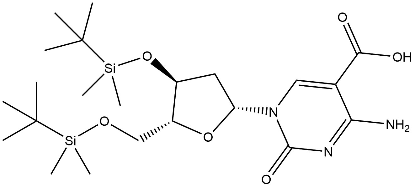 4-amino-1-[(2R,4S,5R)-4-[tert-butyl(dimethyl)silyl]oxy-5-[[tert-butyl(dimethyl)silyl]oxymethyl]tetrahydrofuran-2-yl]-2-oxo-pyrimidine-5-carboxylic acid Struktur