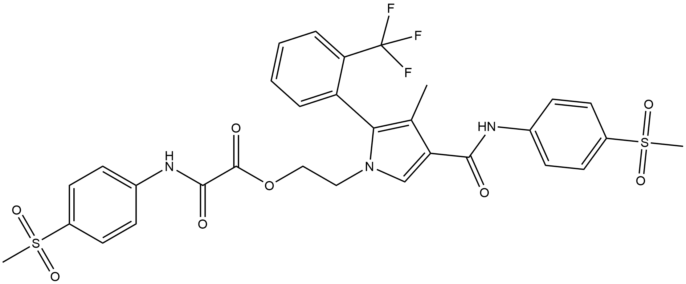 Acetic acid, 2-[[4-(methylsulfonyl)phenyl]amino]-2-oxo-, 2-[(2S)-3-methyl-4-[[[4-(methylsulfonyl)phenyl]amino]carbonyl]-2-[2-(trifluoromethyl)phenyl]-1H-pyrrol-1-yl]ethyl ester Struktur