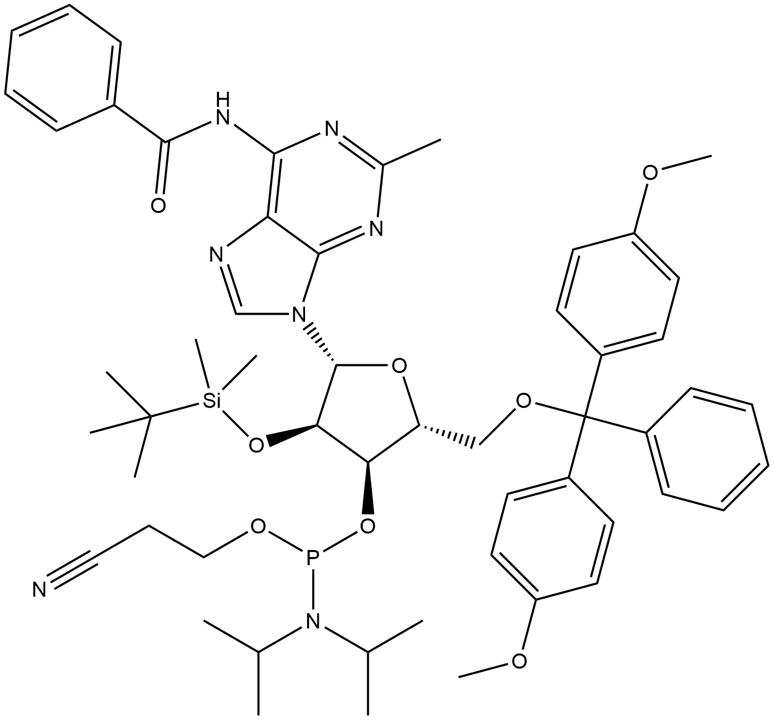Adenosine, N-benzoyl-5'-O-[bis(4-methoxyphenyl)phenylmethyl]-2'-O-[(1,1-dimethylethyl)dimethylsilyl]-2-methyl-, 3'-[2-cyanoethyl N,N-bis(1-methylethyl)phosphoramidite],163496-25-1,结构式