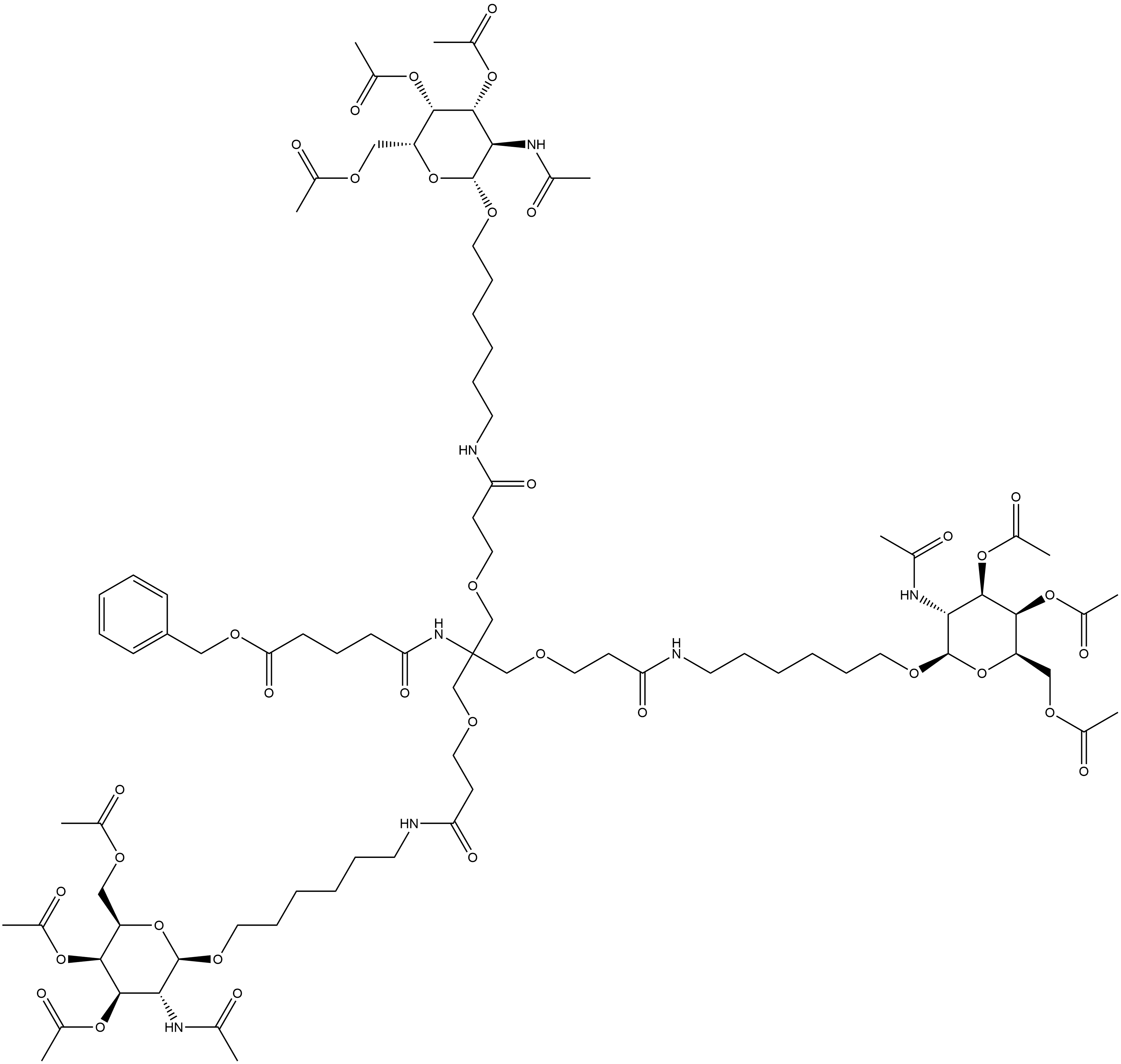 Pentanoic acid, 5-oxo-5-[[2-[3-oxo-3-[[6-[[3,4,6-tri-O-acetyl-2-(acetylamino)-2-deoxy-β-D-galactopyranosyl]oxy]hexyl]amino]propoxy]-1,1-bis[[3-oxo-3-[[6-[[3,4,6-tri-O-acetyl-2-(acetylamino)-2-deoxy-β-D-galactopyranosyl]oxy]hexyl]amino]propoxy]methyl]ethyl]amino]-, phenylmethyl ester Structure