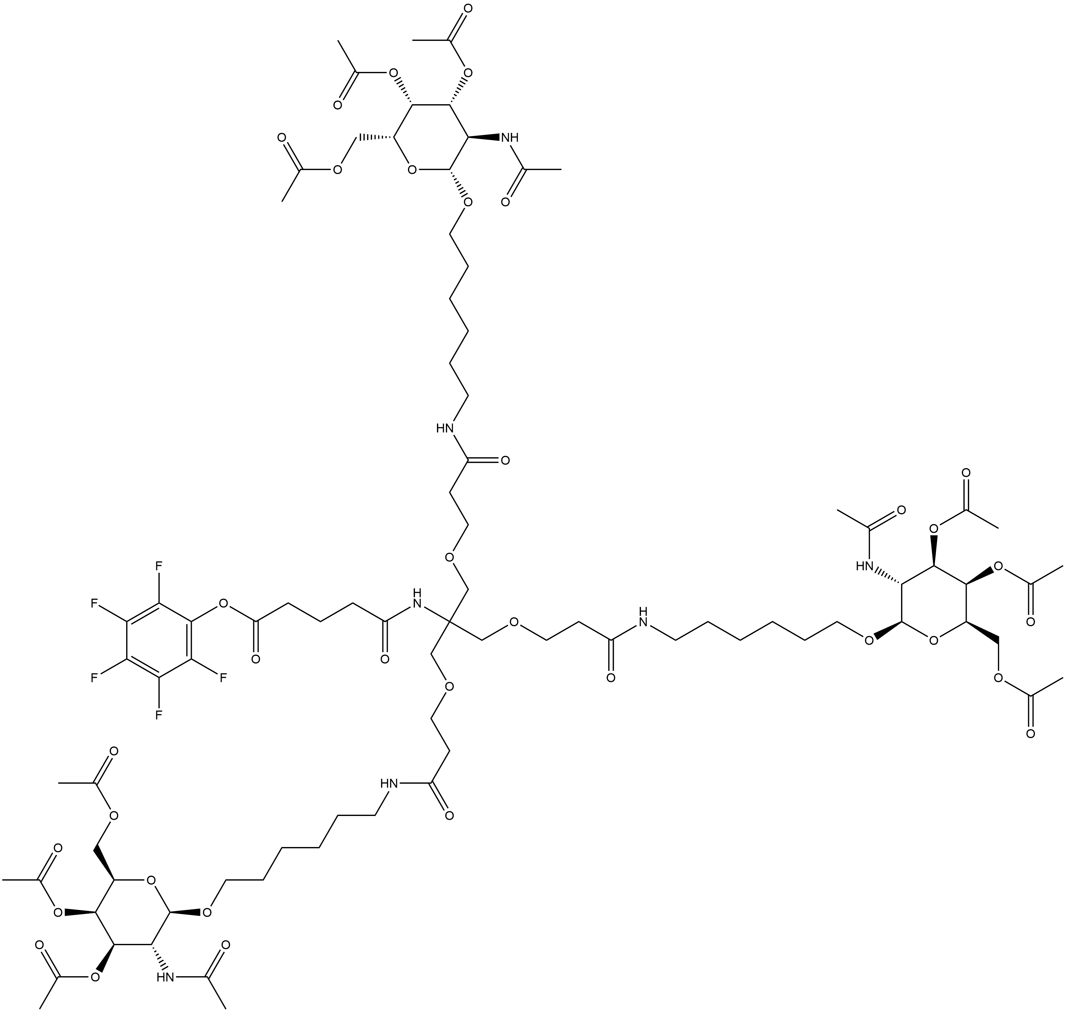 Pentanoic acid, 5-oxo-5-[[2-[3-oxo-3-[[6-[[3,4,6-tri-O-acetyl-2-(acetylamino)-2-deoxy-β-D-galactopyranosyl]oxy]hexyl]amino]propoxy]-1,1-bis[[3-oxo-3-[[6-[[3,4,6-tri-O-acetyl-2-(acetylamino)-2-deoxy-β-D-galactopyranosyl]oxy]hexyl]amino]propoxy]methyl]ethyl]amino]-, 2,3,4,5,6-pentafluorophenyl ester Struktur