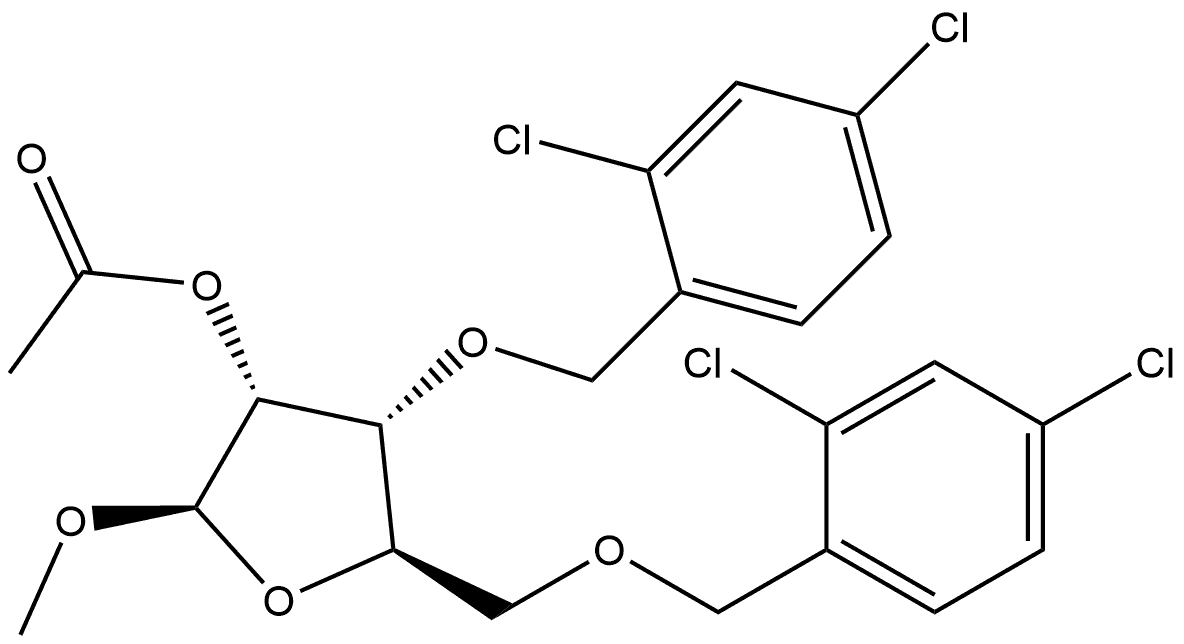 β-D-Ribofuranoside, methyl 3,5-bis-O-[(2,4-dichlorophenyl)methyl]-, acetate (9CI),163759-42-0,结构式