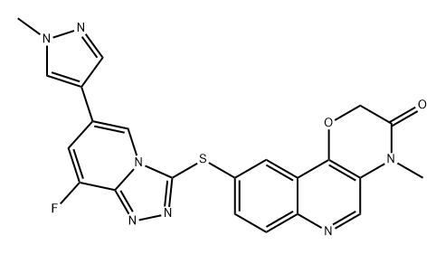 2H-1,4-Oxazino[3,2-c]quinolin-3(4H)-one, 9-[[8-fluoro-6-(1-methyl-1H-pyrazol-4-yl)-1,2,4-triazolo[4,3-a]pyridin-3-yl]thio]-4-methyl- Structure