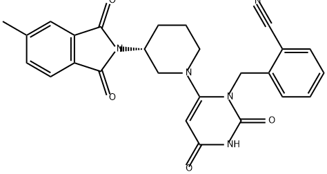 Benzonitrile, 2-[[6-[(3R)-3-(1,3-dihydro-5-methyl-1,3-dioxo-2H-isoindol-2-yl)-1-piperidinyl]-3,4-dihydro-2,4-dioxo-1(2H)-pyrimidinyl]methyl]- Struktur