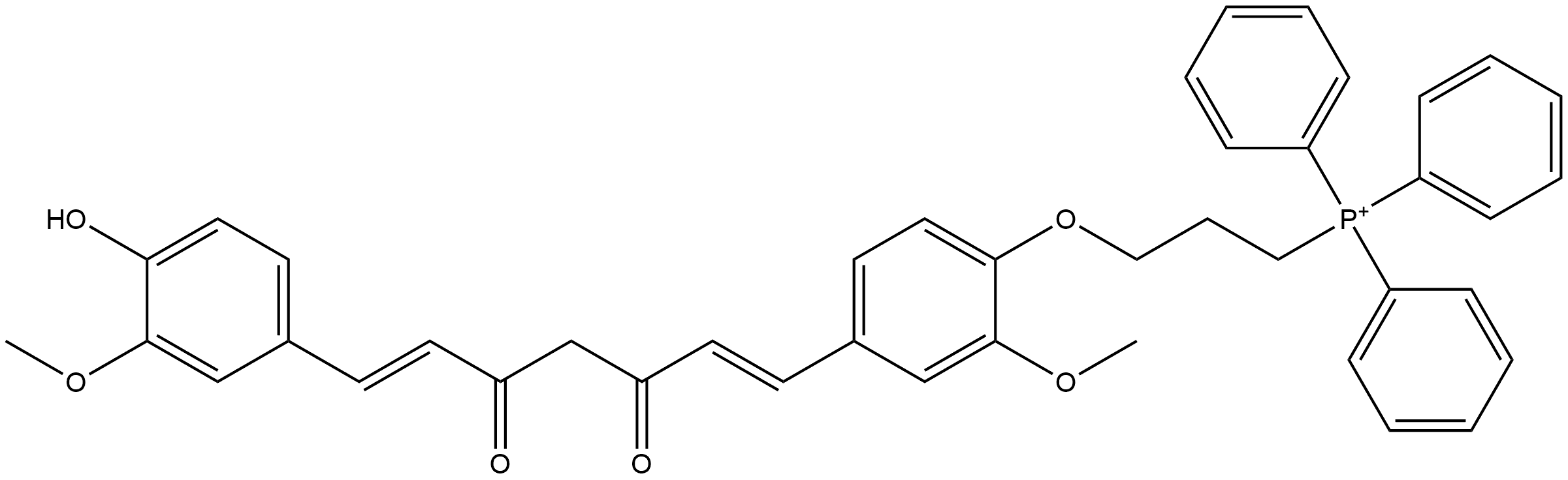 Phosphonium, [3-[4-[(1E,6E)-7-(4-hydroxy-3-methoxyphenyl)-3,5-dioxo-1,6-heptadien-1-yl]-2-methoxyphenoxy]propyl]triphenyl- (ACI) Struktur