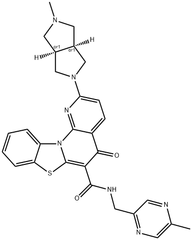 5H-Benzothiazolo[3,2-a][1,8]naphthyridine-6-carboxamide, 2-[(3aR,6aS)-hexahydro-5-methylpyrrolo[3,4-c]pyrrol-2(1H)-yl]-N-[(5-methyl-2-pyrazinyl)methyl]-5-oxo-, rel- Structure