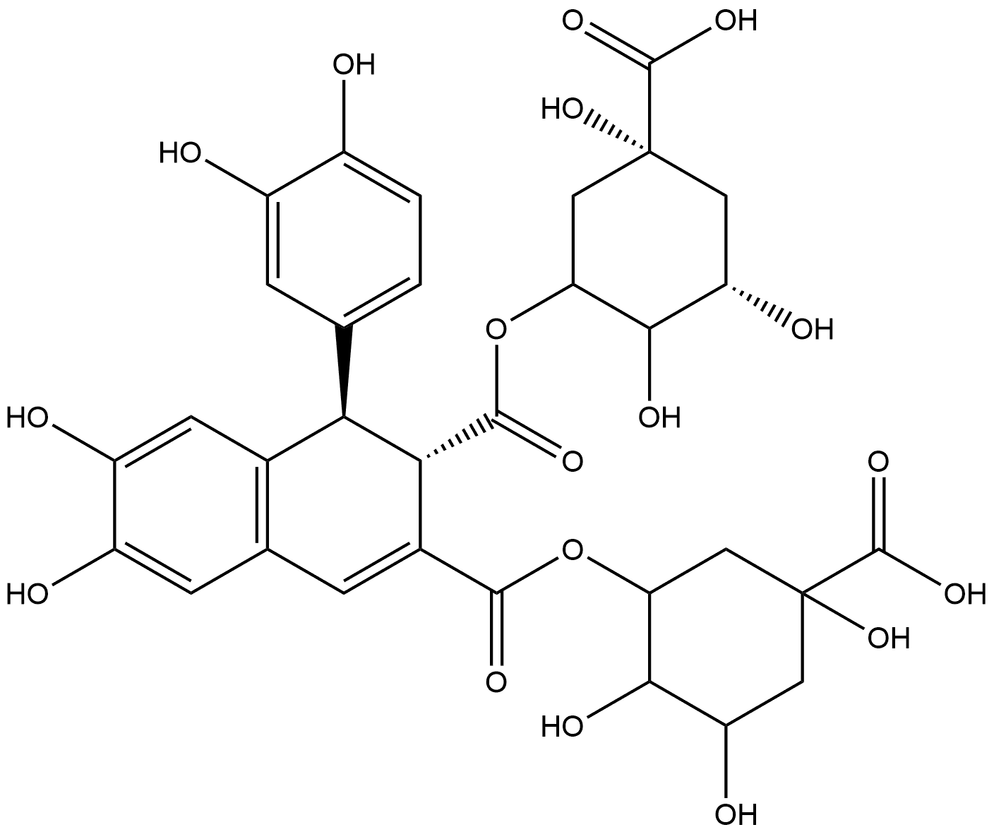 2,3-Naphthalenedicarboxylic acid, 1-(3,4-dihydroxyphenyl)-1,2-dihydro-6,7-dihydroxy-, bis(5-carboxy-2,3,5-trihydroxycyclohexyl) ester, [1R-[1α[1R*,2R*(1R*,2R*,3R*,5S*)],2β,3β,5β]]- Struktur