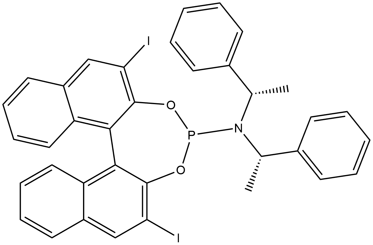 Dinaphtho[2,1-d:1',2'-f][1,3,2]dioxaphosphepin-4-amine, 2,6-diiodo-N,N-bis[(1S)-1-phenylethyl]-, (11bR)- Struktur