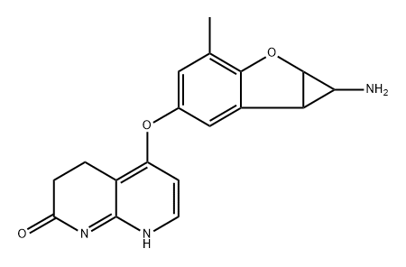 5-((1-amino-3-methyl-1a,6b-dihydro-1H-cyclopropa[b]benzofuran-5-yl)oxy)-3,4-dihydro-1,8-naphthyridin-2(1H)-one Struktur