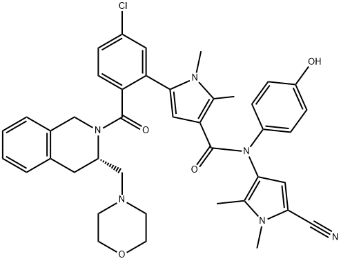 1H-Pyrrole-3-carboxamide, 5-[5-chloro-2-[[(3S)-3,4-dihydro-3-(4-morpholinylmethyl)-2(1H)-isoquinolinyl]carbonyl]phenyl]-N-(5-cyano-1,2-dimethyl-1H-pyrrol-3-yl)-N-(4-hydroxyphenyl)-1,2-dimethyl- Struktur